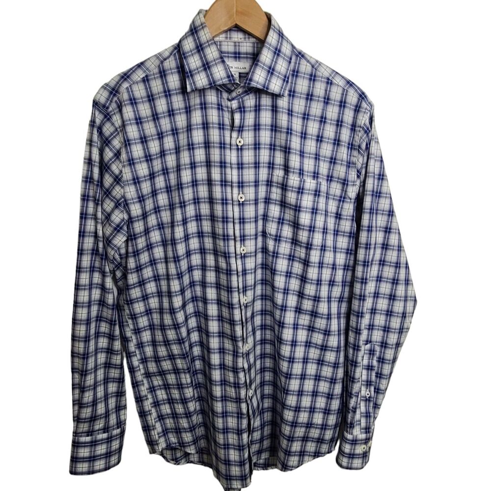 Peter Millar Mens Blue White Plaid‎ Twill Button Down Shirt Size M Long Sleeve